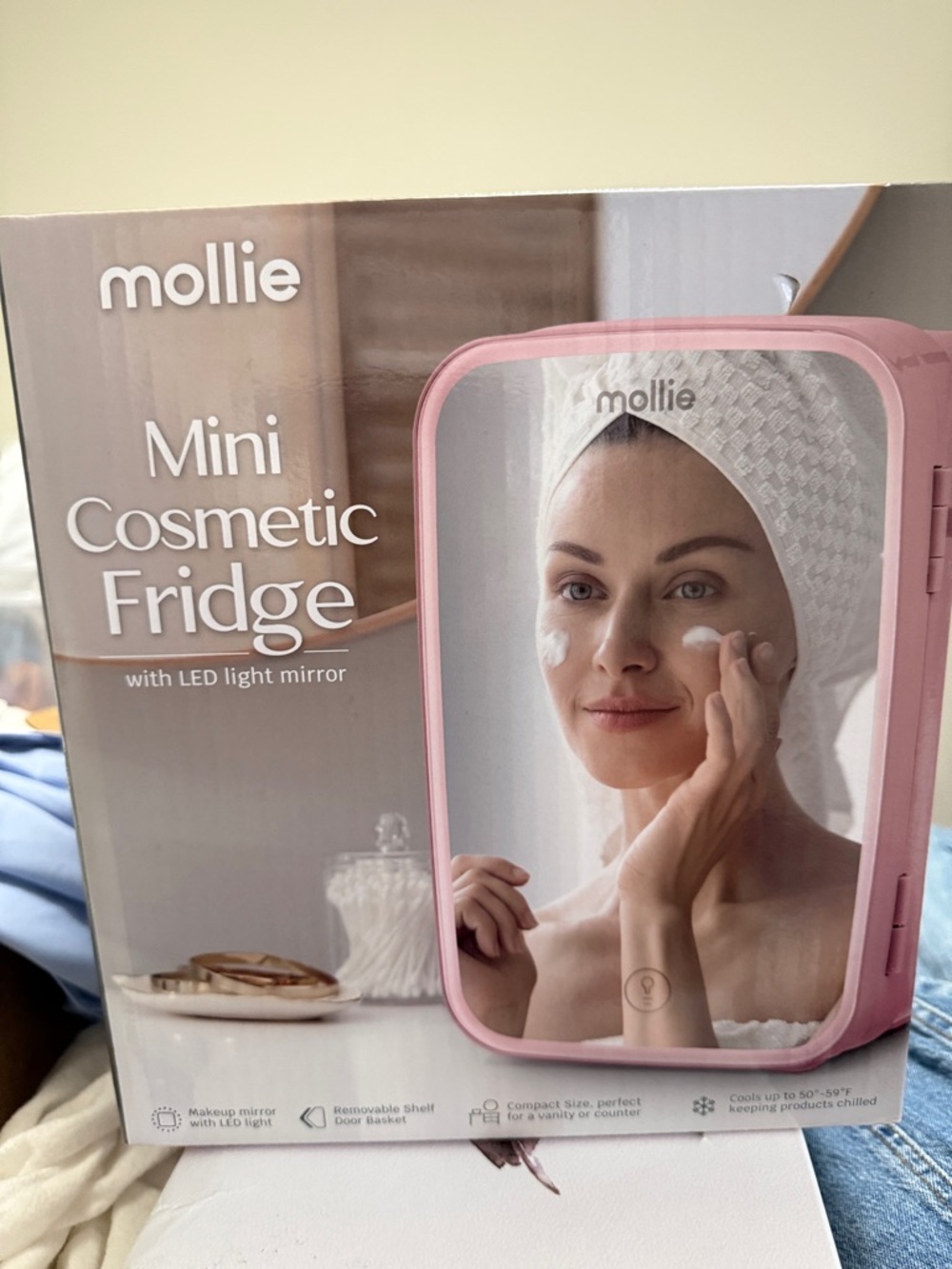 Molli Mini Cosmetic Fridge in pink with LED mirror